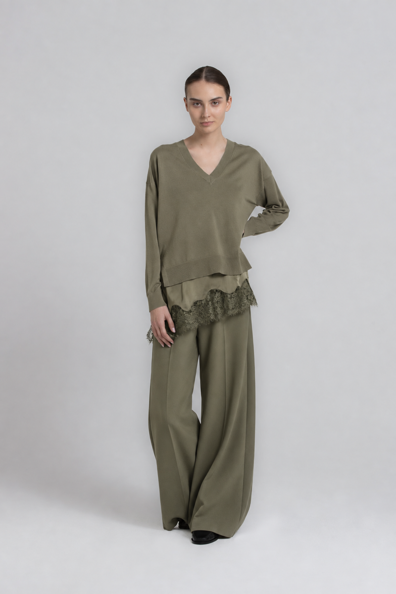 HADRIA Top satiné kaki avec dentelle