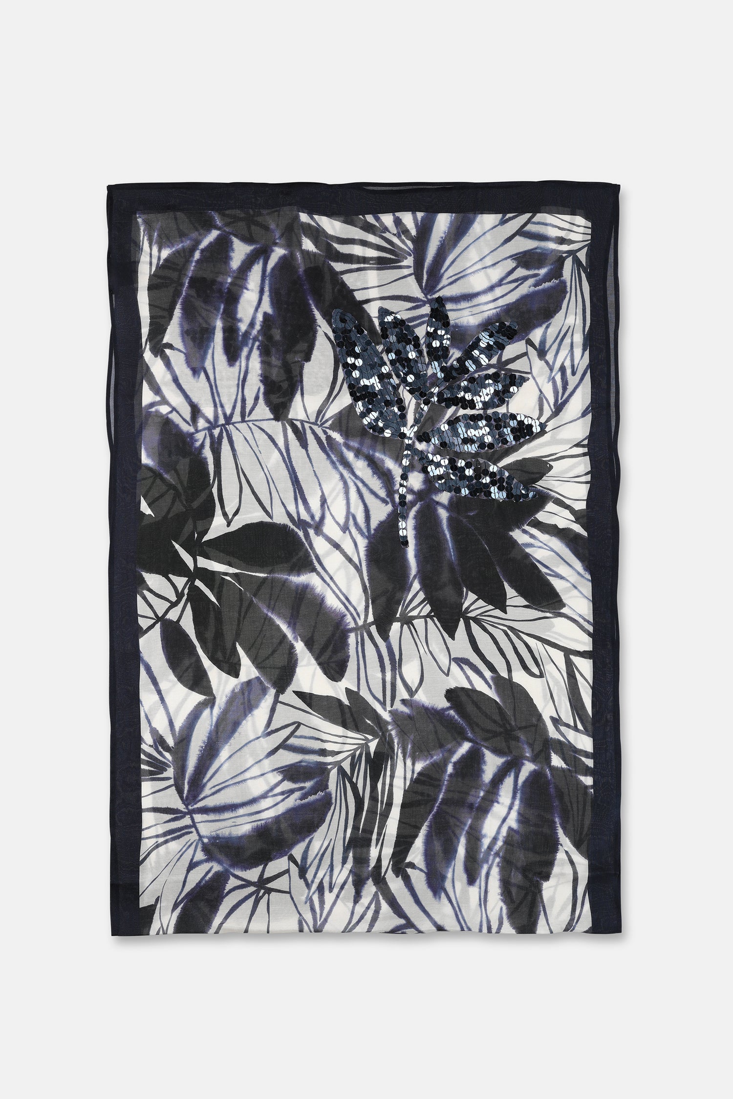 Blauw-écru tropische print sjaal