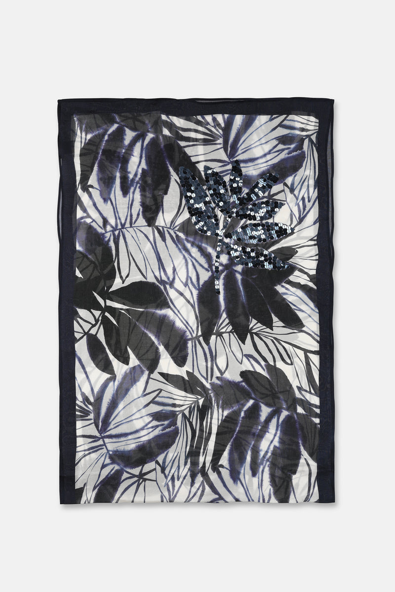 Blauw-écru tropische print sjaal