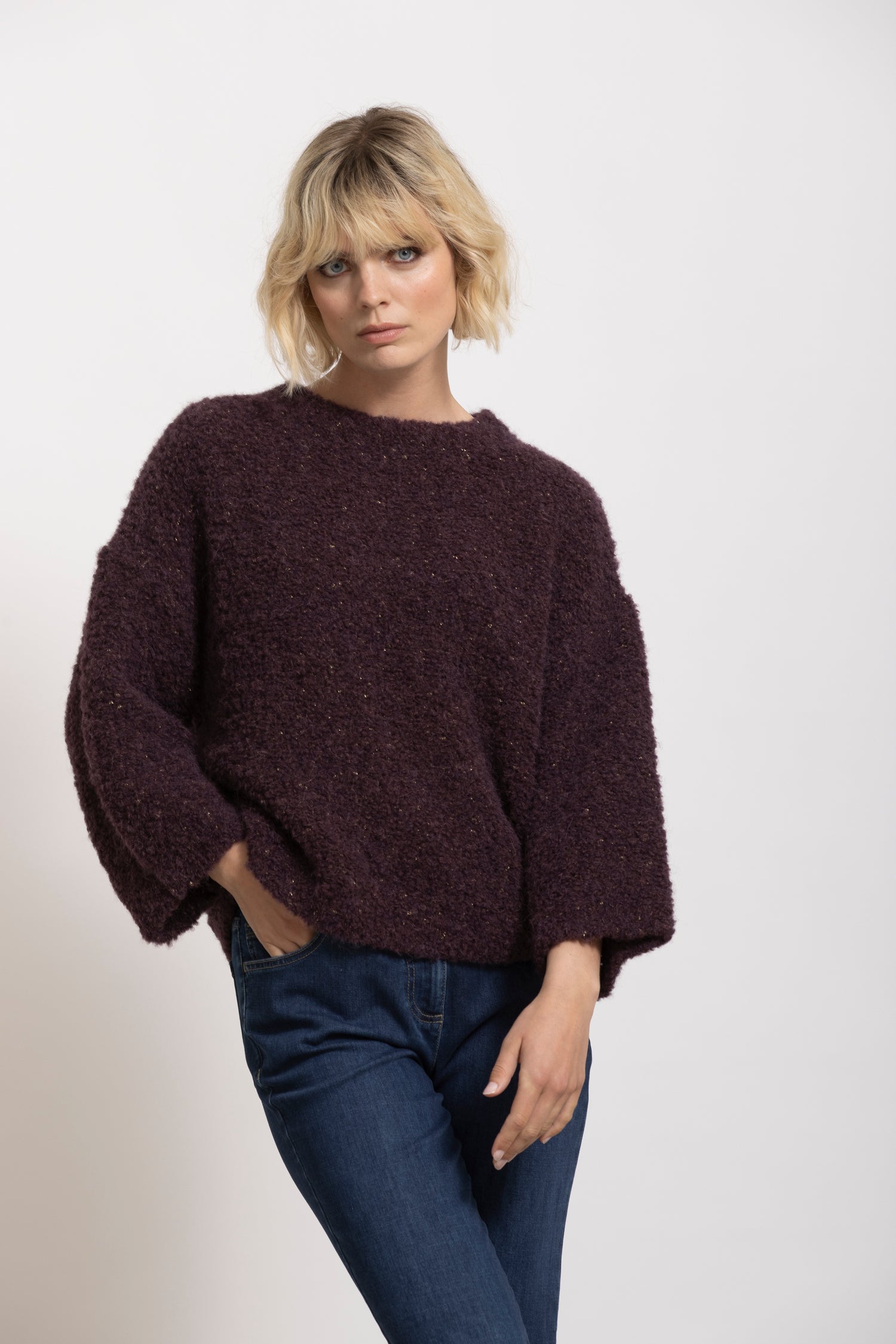 LUA pull bouclette lurex bordeaux