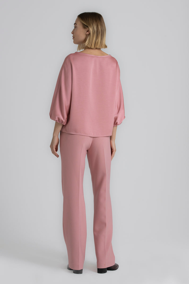 HOLIFA Blouse satinée rose à col bateau