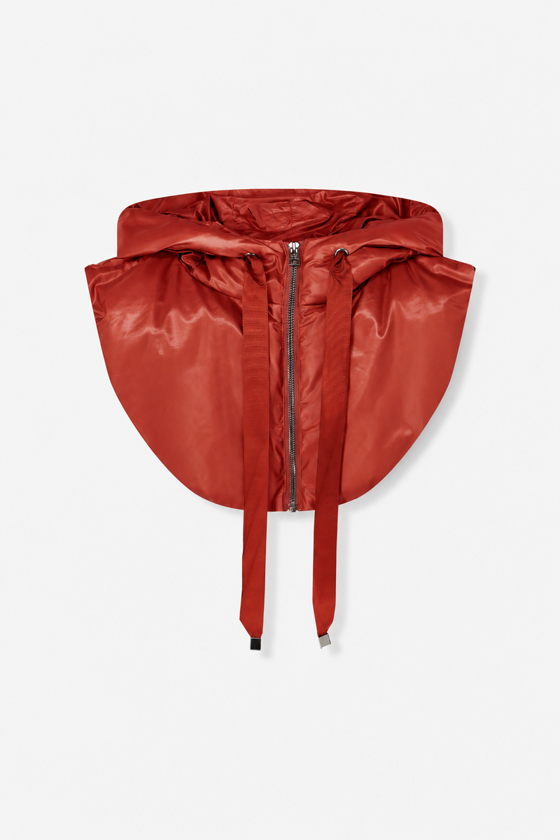 Red quilted hood.